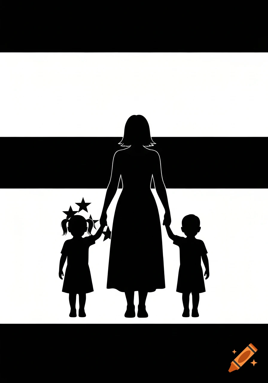 Black silhouette of a mother holding hands with two young children against a black and white striped background.