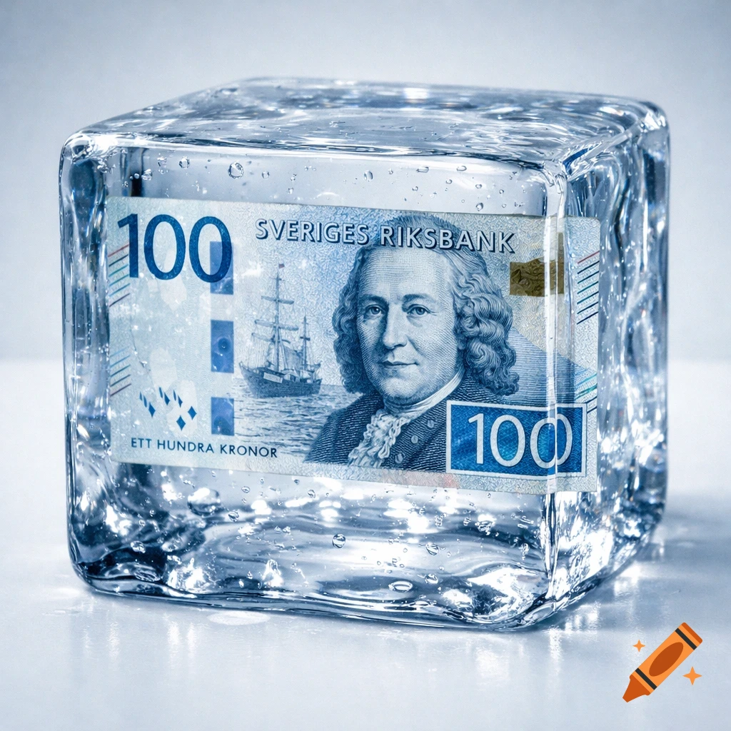 A Swedish 100 Kronor banknote featuring Carl Linnaeus frozen inside a clear ice cube, with water droplets on the surface.