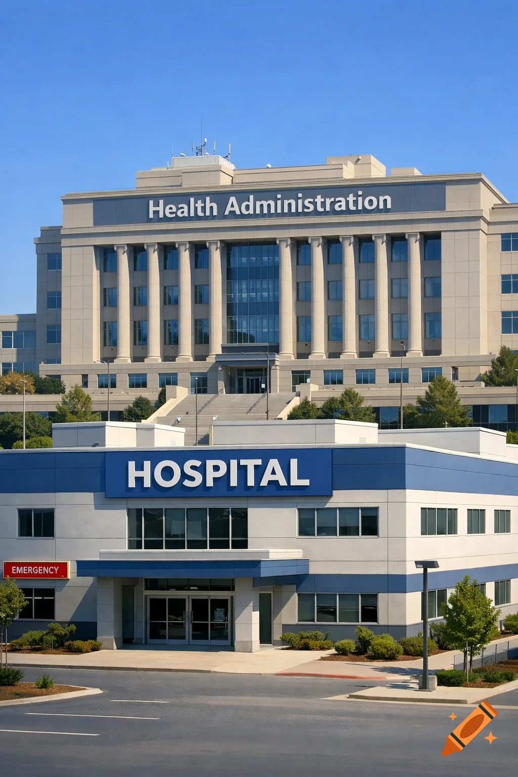 A modern hospital building with a 'HOSPITAL' sign in front of a larger, classical 'Health Administration' building under a clear blue sky.