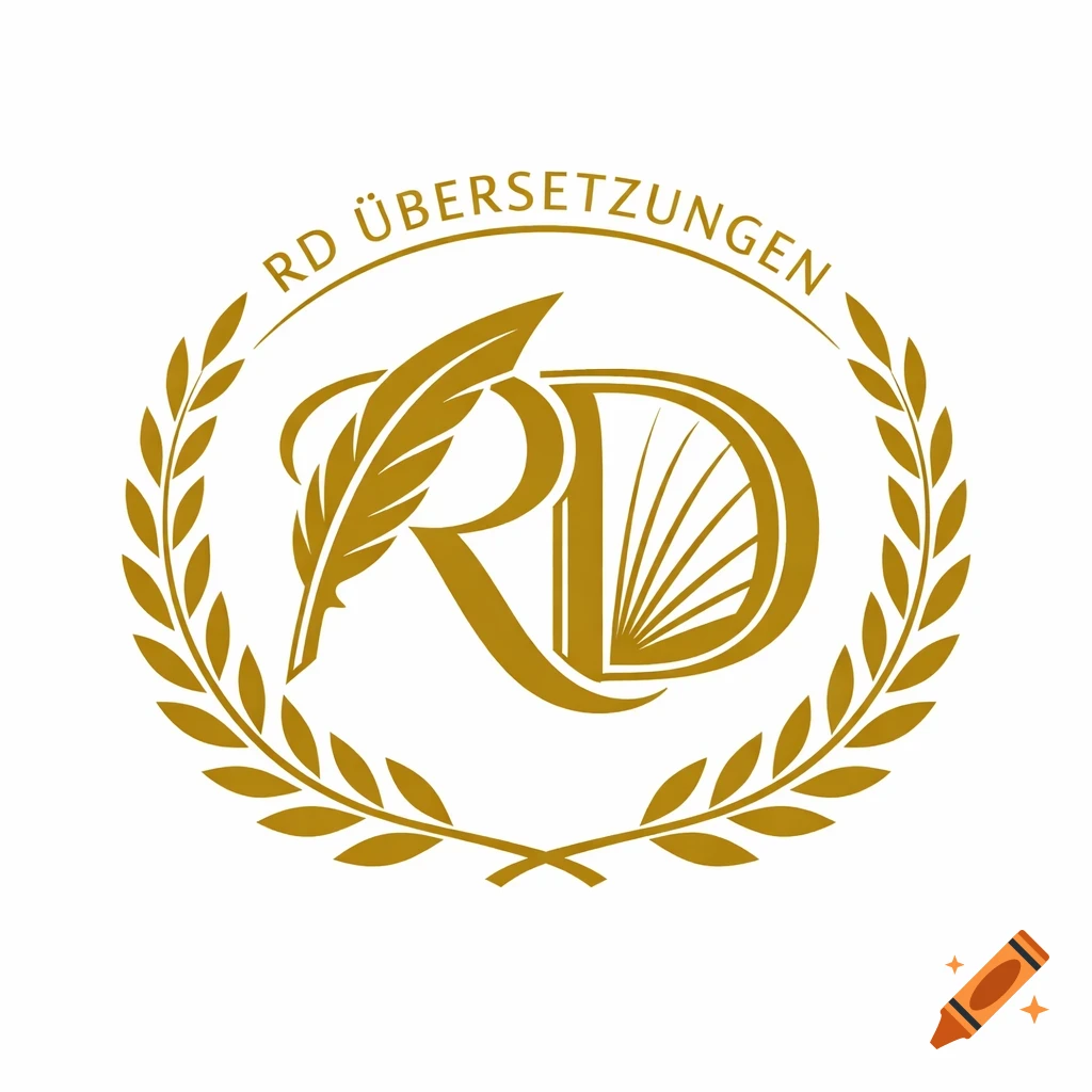 Gold logo with 'RD' monogram formed by a quill pen and open book, encircled by a laurel wreath, with 'RD ":UBERSETZUNGEN' text.