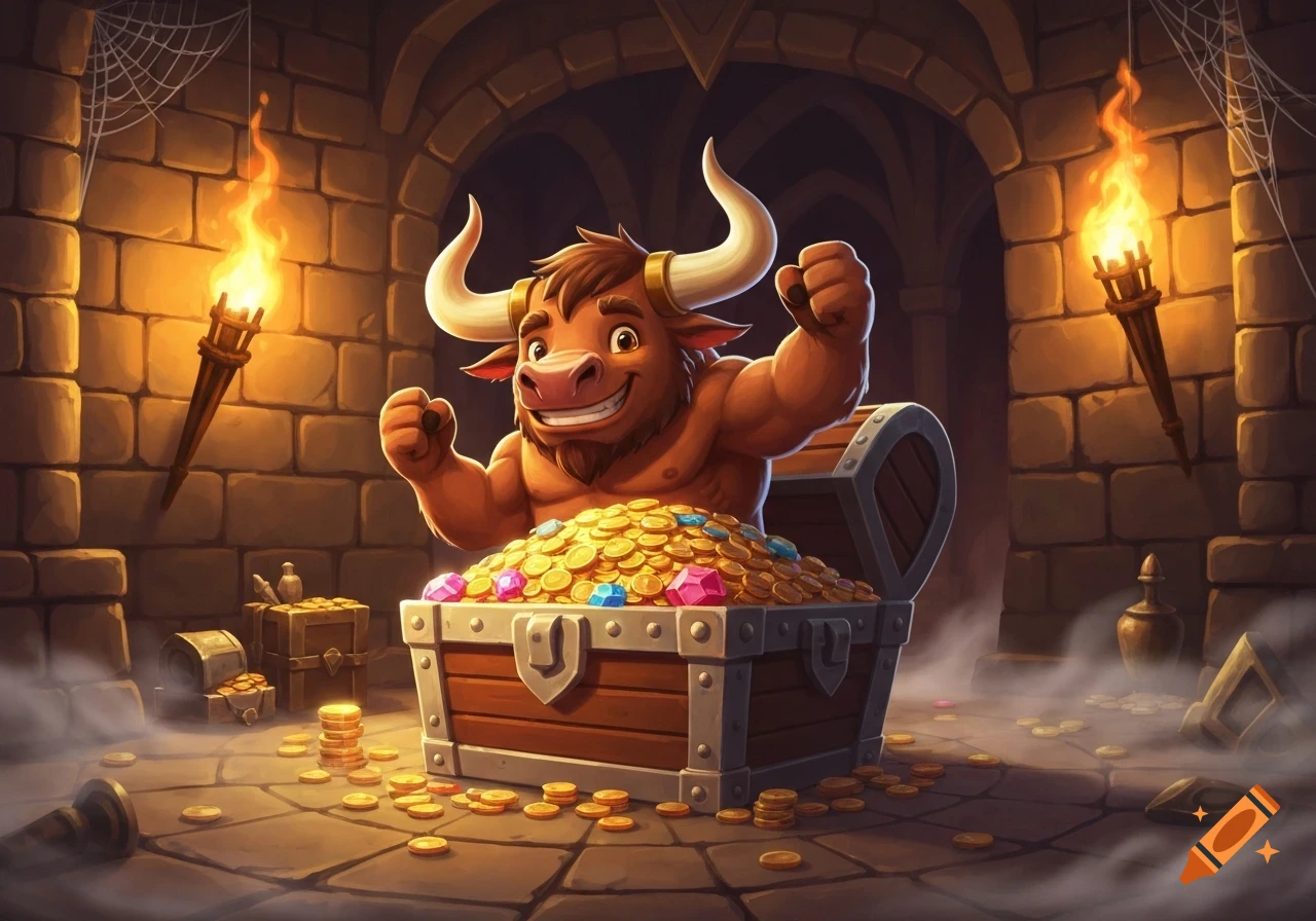 A cheerful cartoon Minotaur emerges from an overflowing treasure chest filled with gold coins and gems in a torch-lit dungeon.