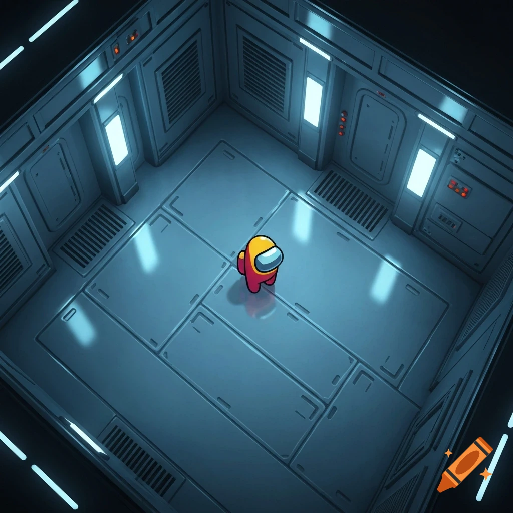 An overhead view of a red and yellow Among Us character standing alone in a blue-grey, metallic sci-fi spaceship room with glowing lights.