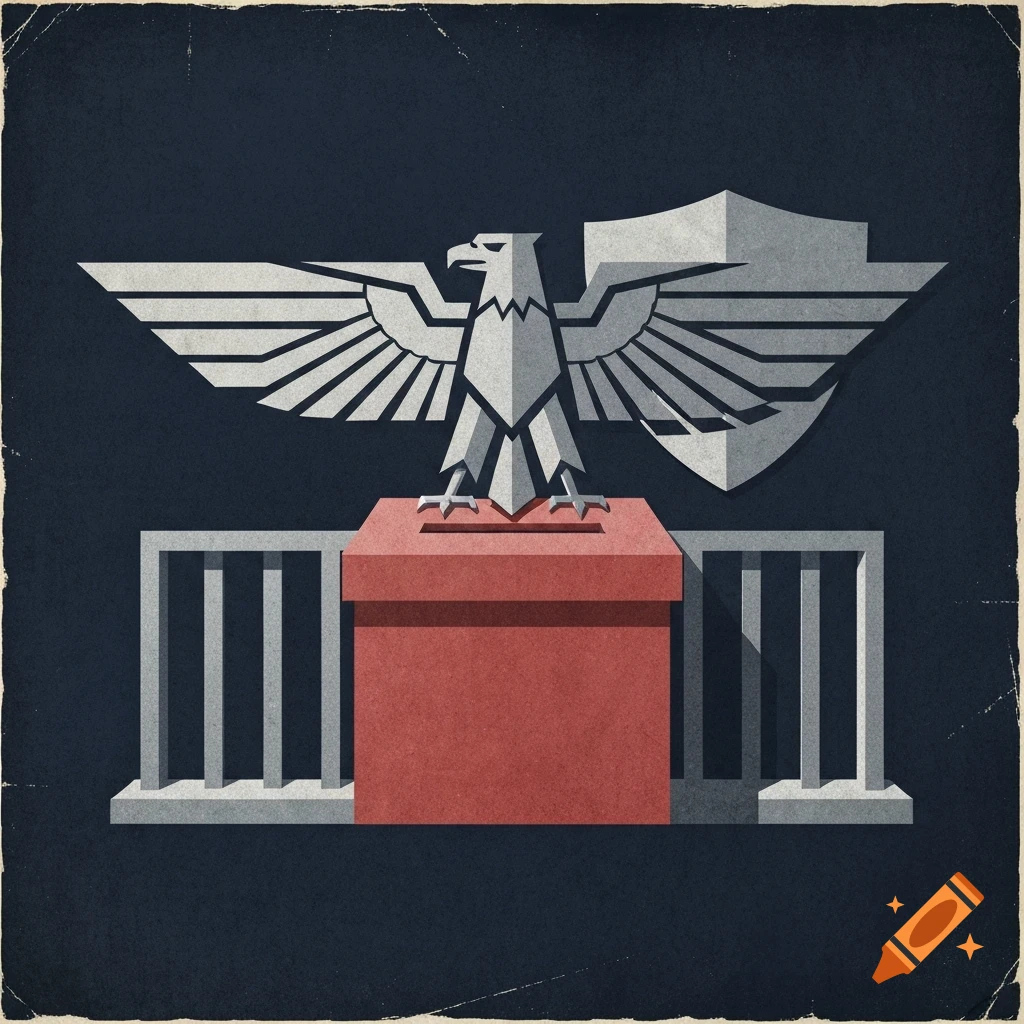 A brutalist, minimalist political icon featuring a stylized eagle and shield emblem above a red ballot box enclosed by gray iron bars, with a grainy texture.