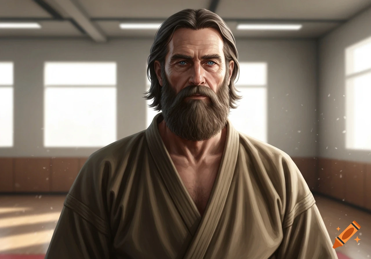 A stoic, bearded old man with long brown hair and blue eyes, wearing a brown dojo gi, stands in a brightly lit martial arts studio.