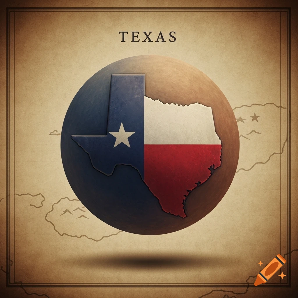 Stylized map of Texas in flag colors floating over a vintage map background, with the word 'TEXAS' at the top.