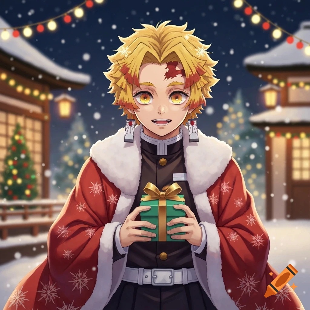 Anime character Zenitsu from Demon Slayer in a Santa coat, holding a green gift in a snowy Christmas village.