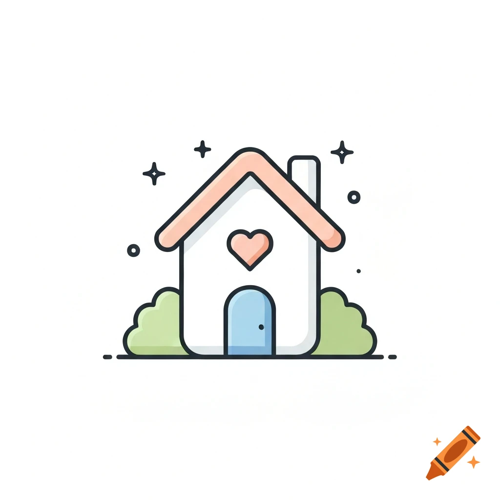 A cute, minimalist flat illustration of a white house with a pink roof, a heart on the front, and green bushes.