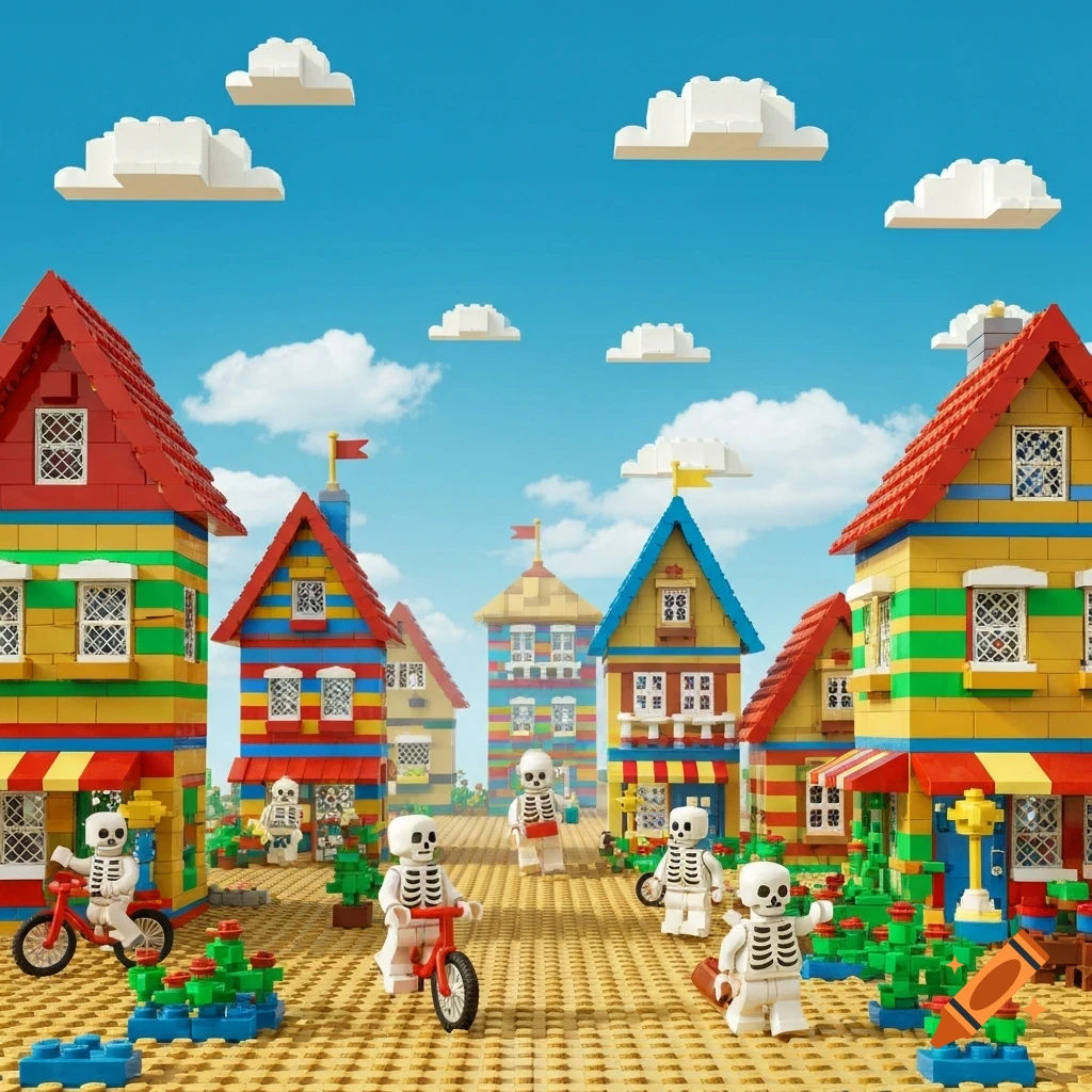 A vibrant Lego village with colorful striped houses and several skeleton minifigures, some riding red bikes, on a tan brick base under a blue sky with blocky white clouds.
