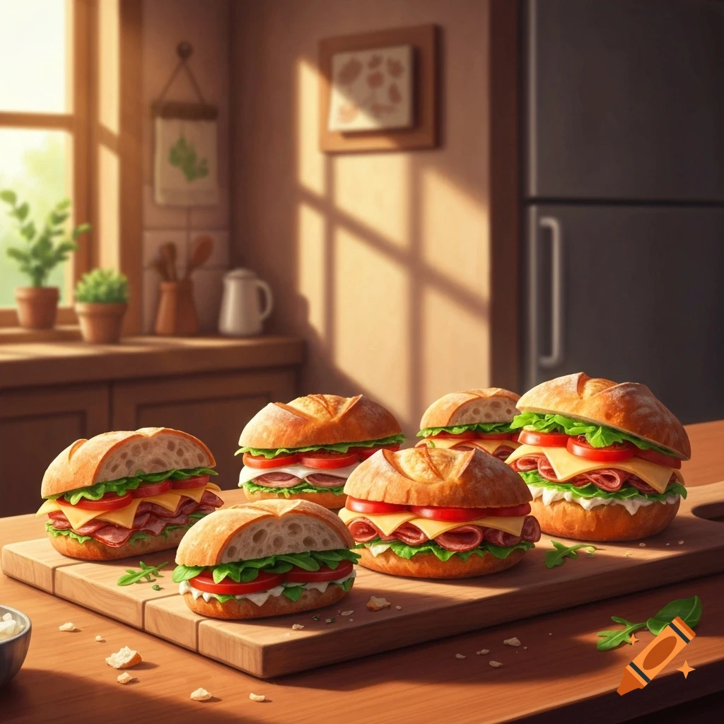 Multiple delicious-looking sandwiches with various fillings on a wooden cutting board in a sunlit kitchen.