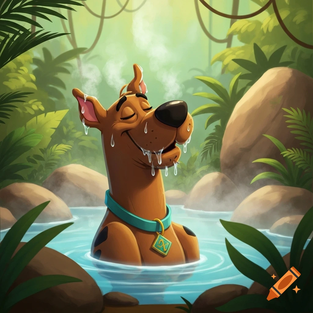 Cartoon Scooby-Doo happily relaxing chest-deep in a steaming jungle hot spring.