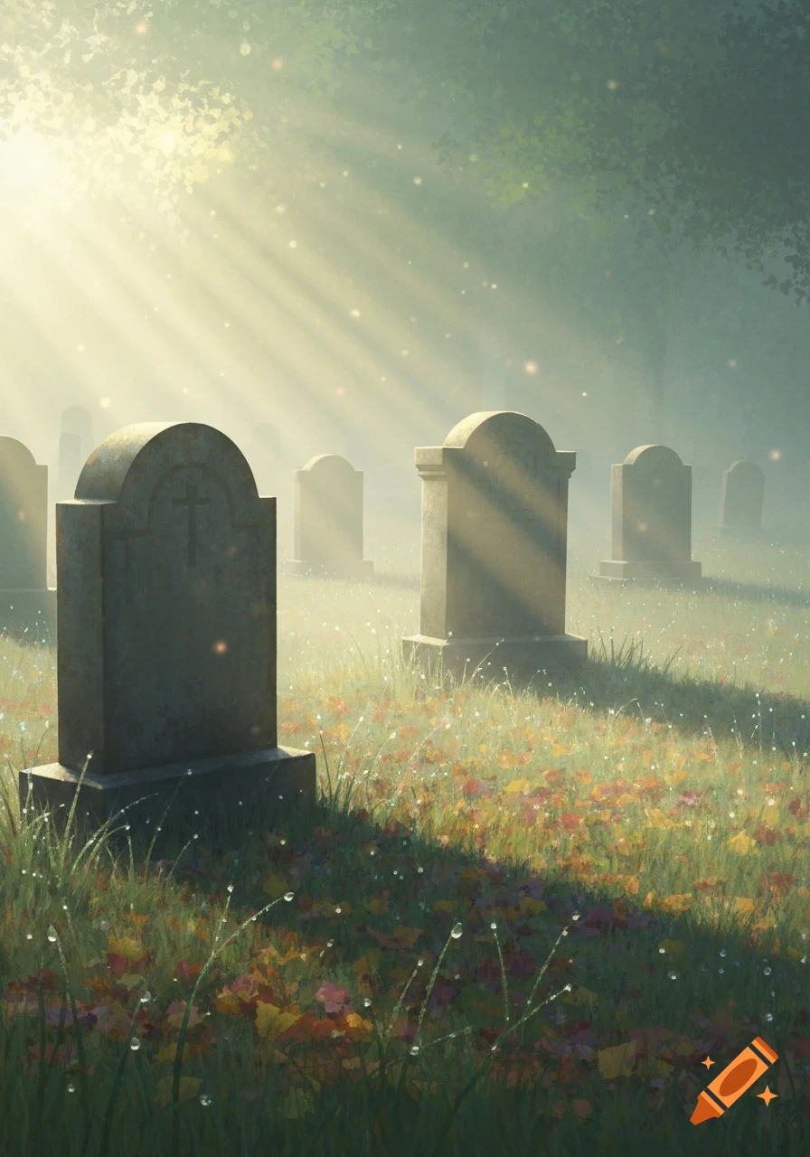 A serene graveyard with gravestones, ethereal morning light through mist, dew drops on grass and fallen leaves.