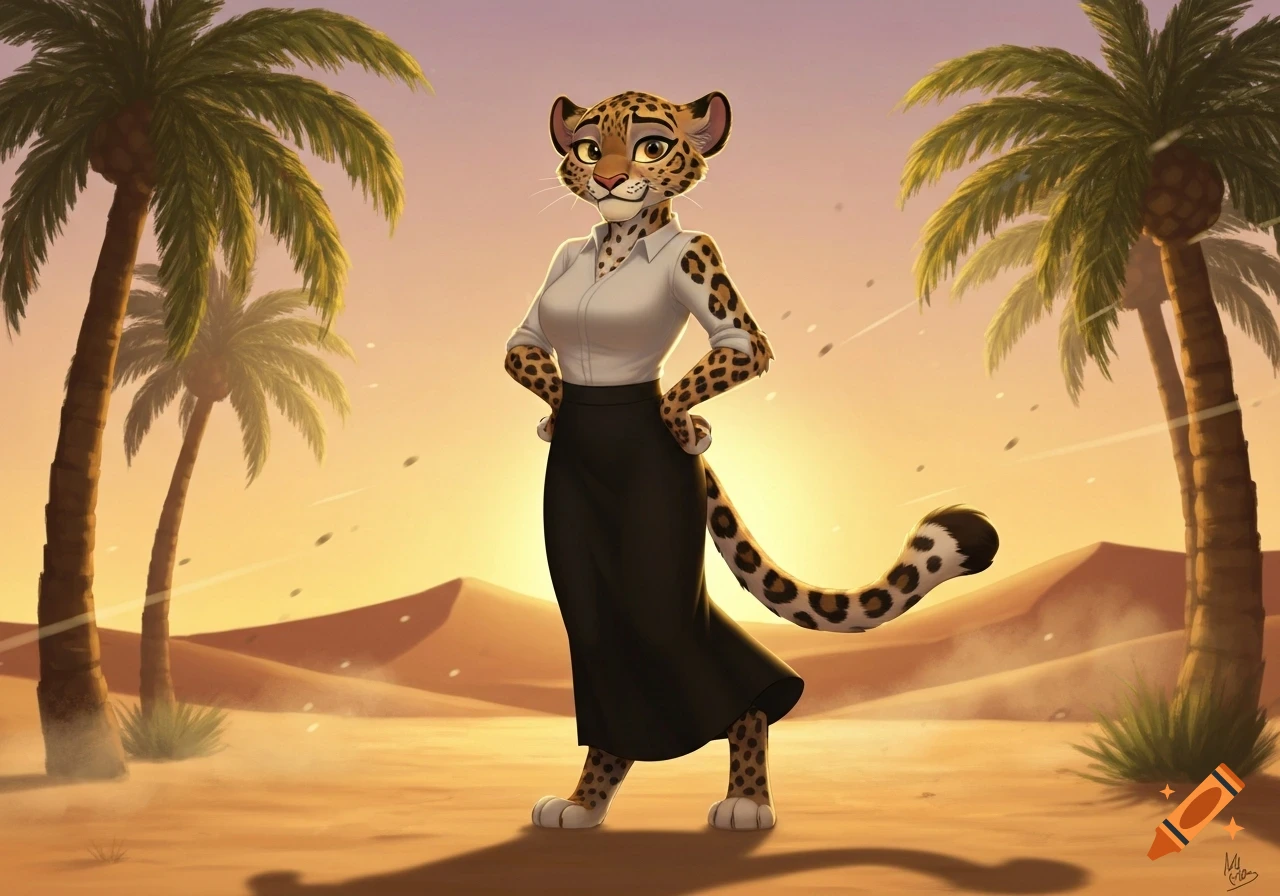 An anthropomorphic leopard character in a white shirt and black skirt stands with hands on hips in a desert at sunset.