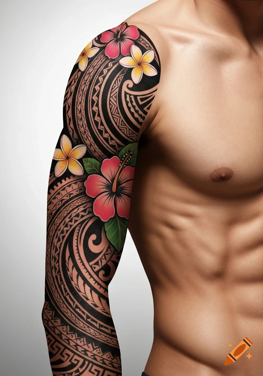 Muscular man with a vibrant Hawaiian style sleeve tattoo featuring tribal patterns and colorful hibiscus and plumeria flowers.