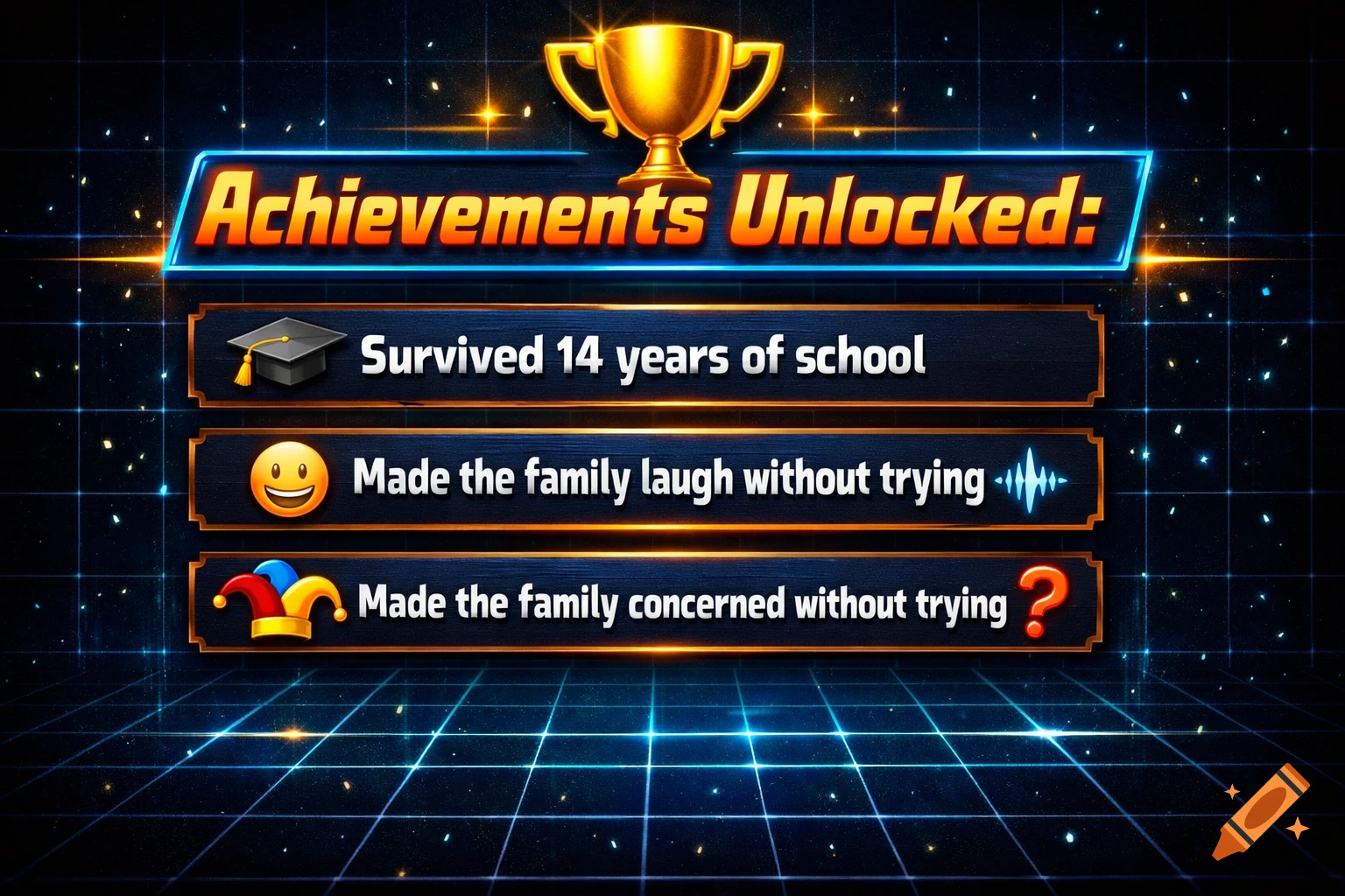 A video game achievements screen with a golden trophy, showing 'Achievements Unlocked' and three life-related achievements.
