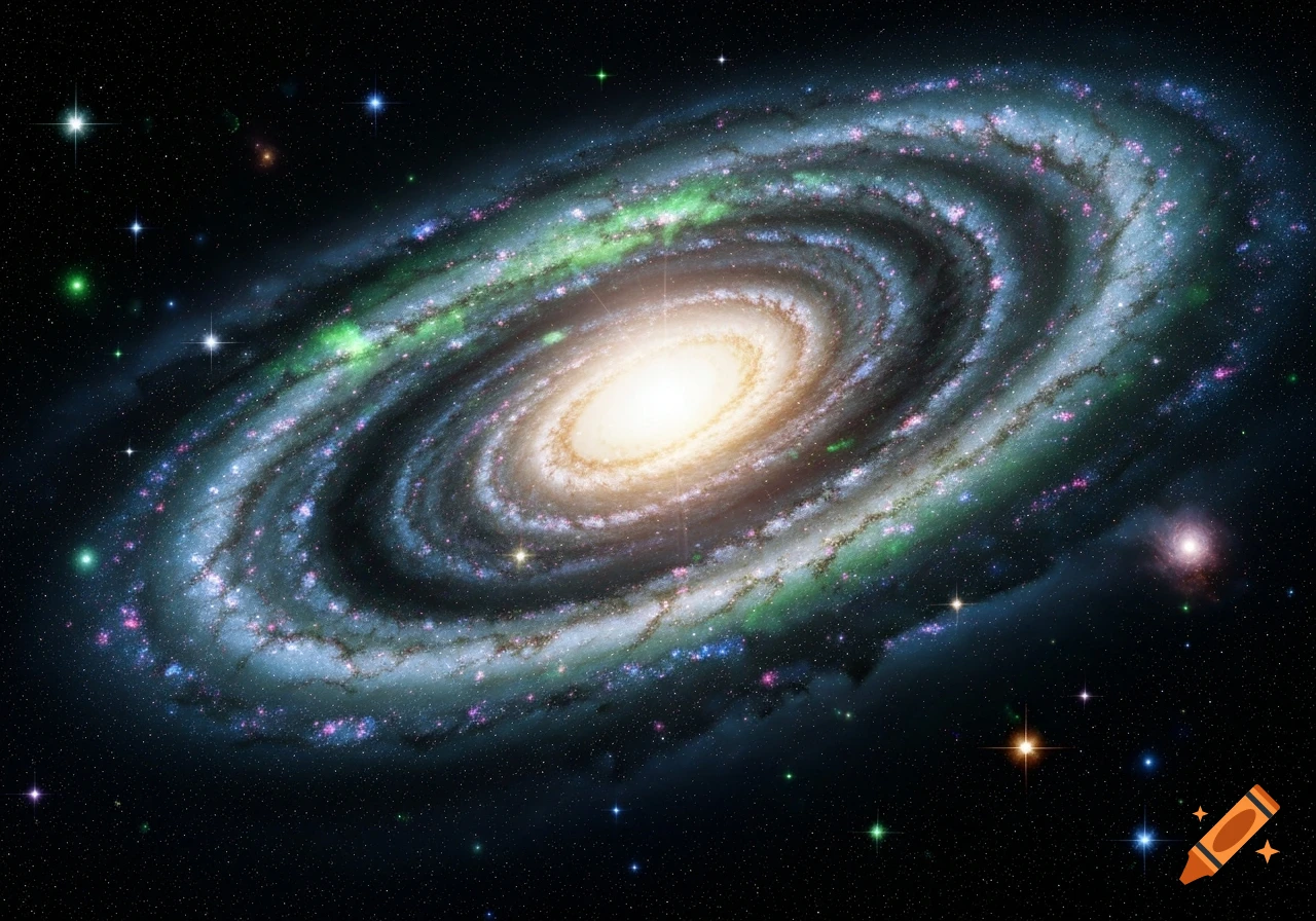 A vibrant spiral galaxy with a bright center, swirling arms of stars and cosmic dust against a dark, star-filled cosmic background.