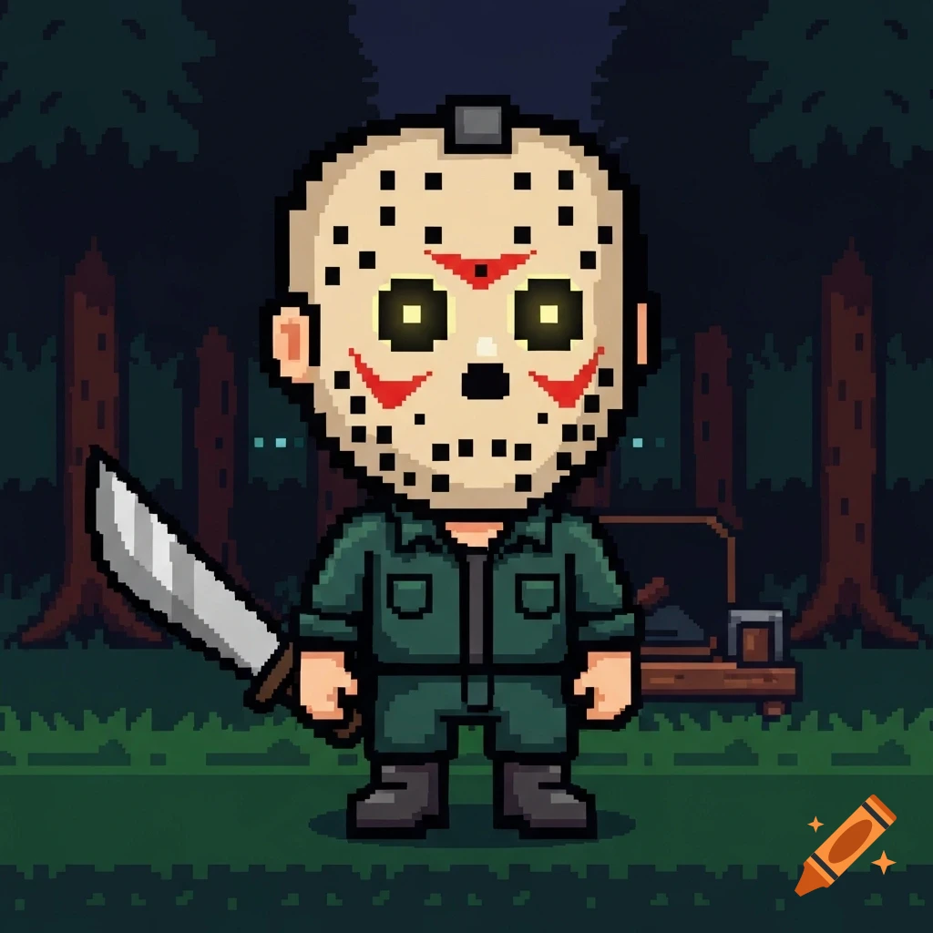 Pixel art chibi Jason Voorhees stands in a dark forest, holding a machete and wearing his iconic hockey mask.