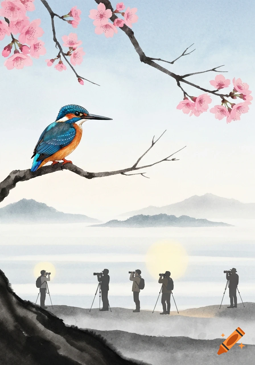 A watercolor painting of a kingfisher on a branch with pink cherry blossoms, distant mountains, and silhouetted birdwatchers.
