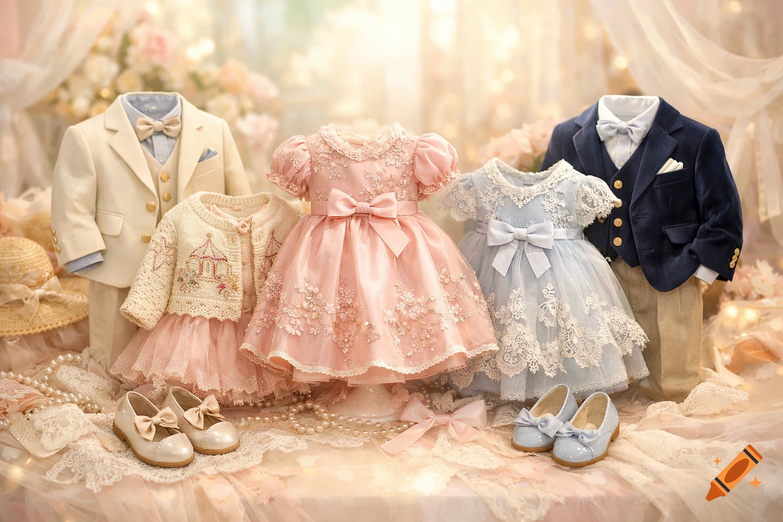 Elegant display of children's formal wear, including cream and navy suits, pink and blue lace dresses, a knit cardigan, and matching shoes, set with pearls.