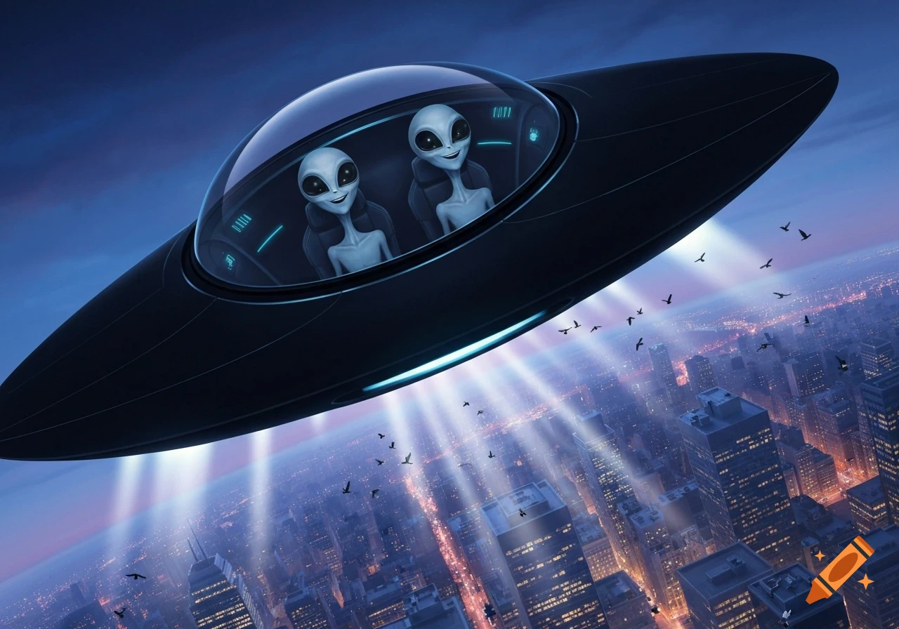 Two smiling grey aliens in a dark UFO flying over a brightly lit city at night.