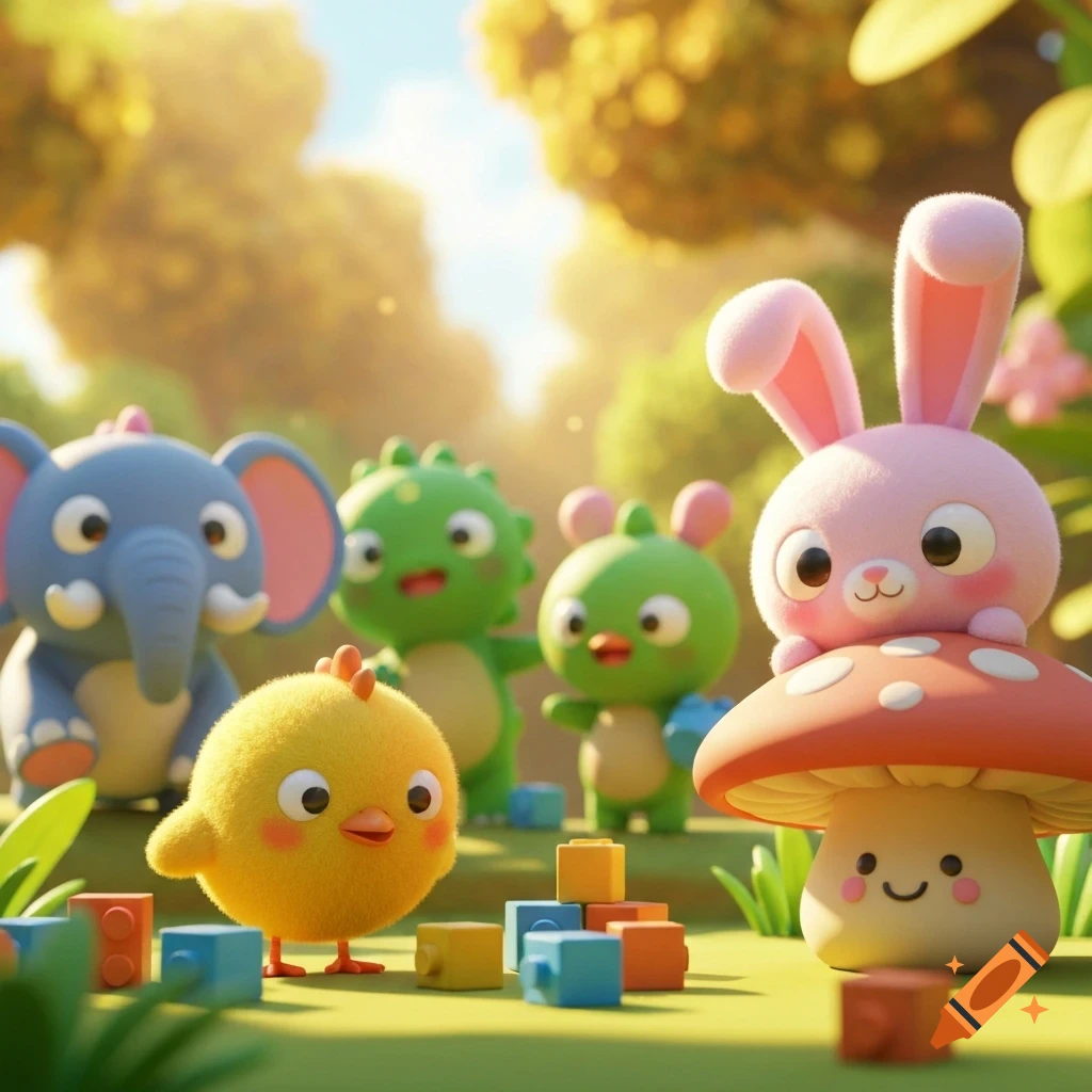 Cute 3D cartoon animals including an elephant, chick, and bunny playing with colorful blocks outdoors.