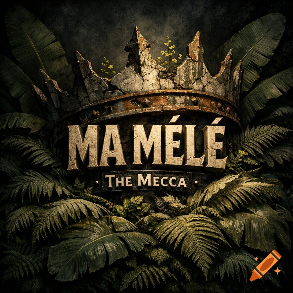 A dark, cinematic image of a weathered stone crown surrounded by lush tropical leaves, with the text 'MA MÉLÉ' and 'The Mecca'.
