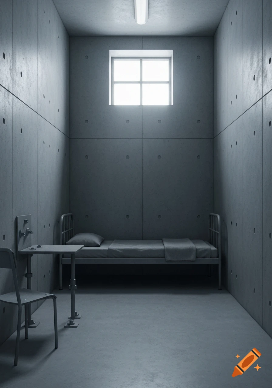 A stark, empty concrete prison cell with a single metal bed, small window, table, and chair, under fluorescent lighting.