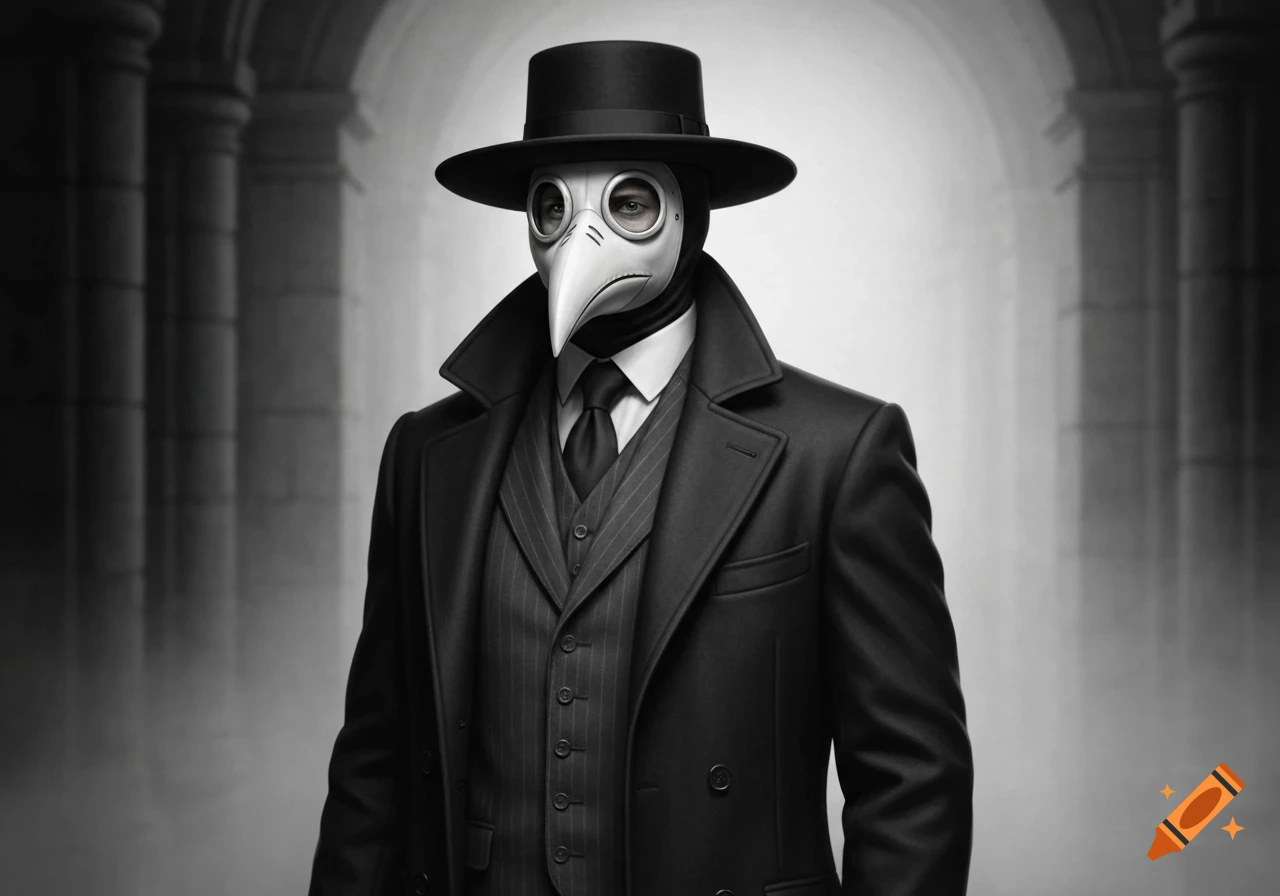 A black and white photorealistic image of a plague doctor in a pinstripe suit, elegant black felt coat, and top hat. Human eyes are visible through the white beak mask.