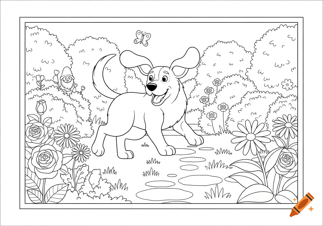 Black and white line art coloring page of a happy dog playing in a lush garden with flowers, bushes, a butterfly, and a gnome.