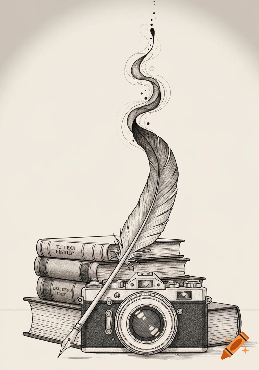 Black and white illustration of a vintage camera and quill pen leaning on a stack of books, with ink swirling above.