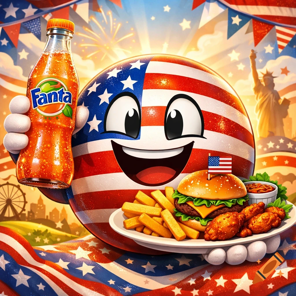 Cartoon American flag-themed character holding a Fanta soda bottle and a plate of a burger, fries, and chicken wings, with patriotic bunting in the background.