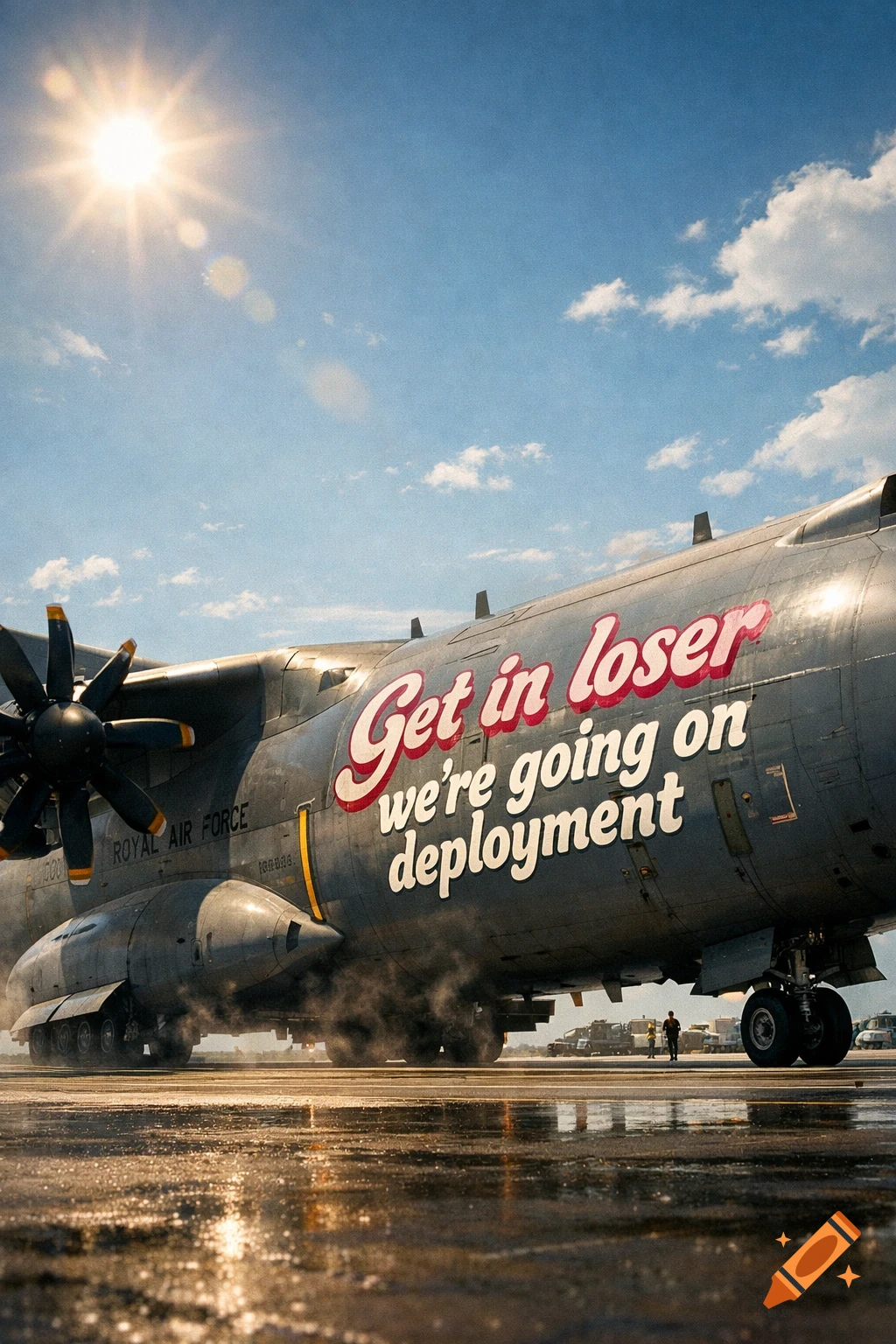 A Royal Air Force A400M aircraft sits on a wet tarmac under a bright sun, with "Get in loser we're going on deployment" on its side.