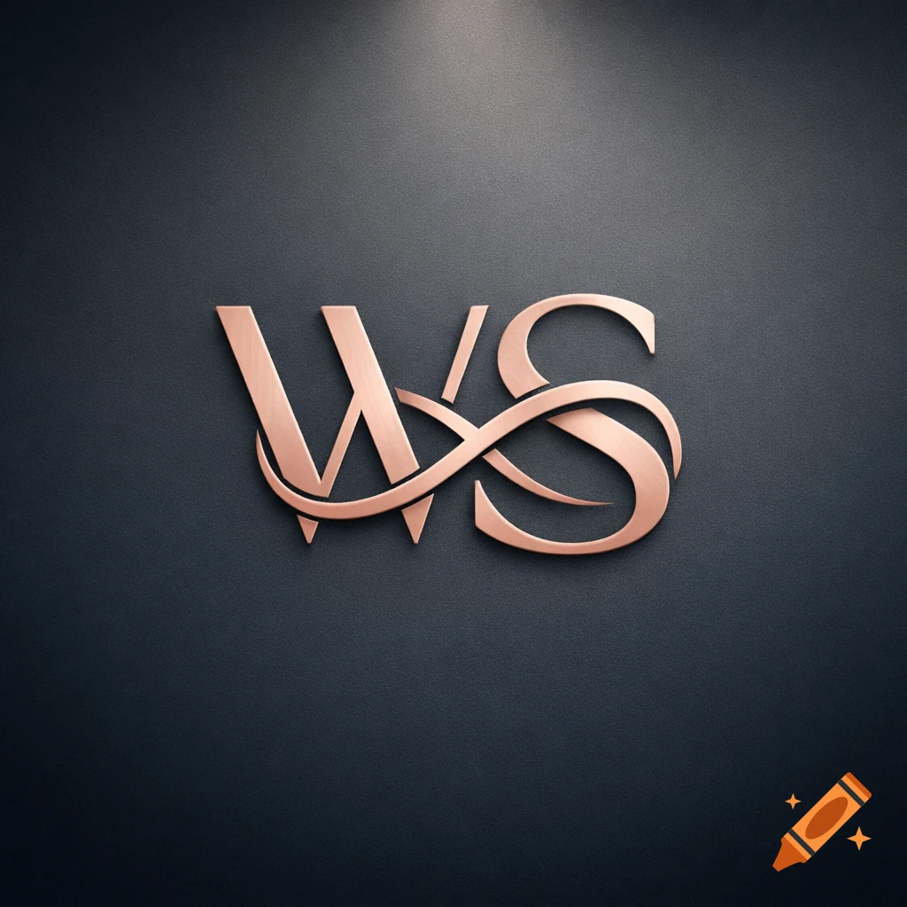 A metallic rose gold monogram with the letters W and S intertwined with a flowing infinity symbol, set against a dark gray textured background.