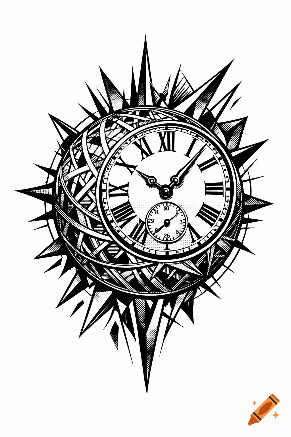 Black and white illustration of a stylized clock with Roman numerals, set within a complex geometric sphere and spiky radiating forms, in a tattoo art style.