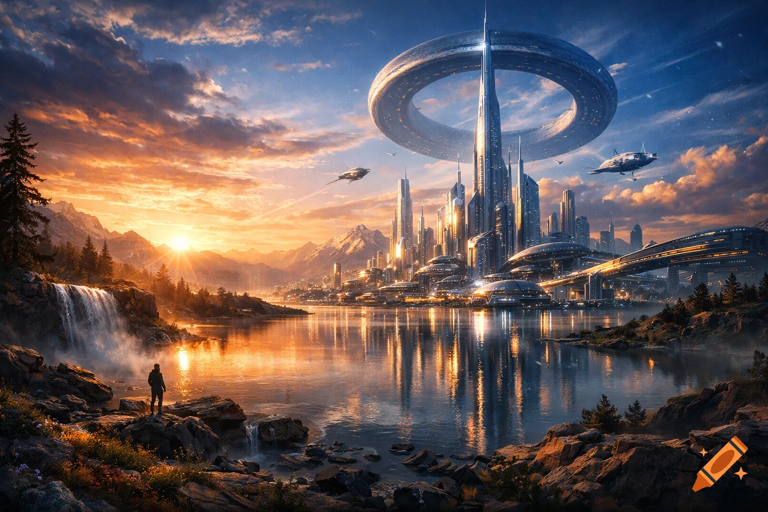 A lone figure views a futuristic city with towering skyscrapers and a ring structure reflecting in a lake, beside a waterfall and mountains under a sunset.
