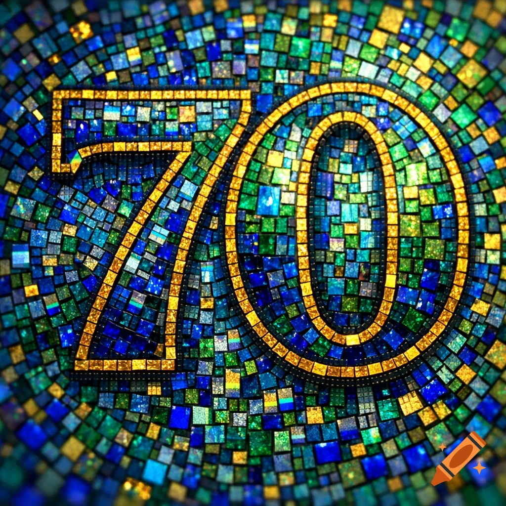 A vibrant mosaic of the number 70, made from blue, green, and gold tiles.