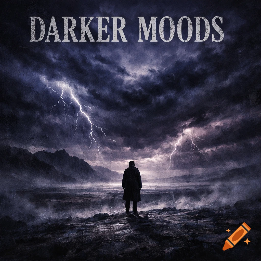 A figure stands on a rocky outcrop looking at a dark, stormy landscape with mountains and lightning. Text reads 'DARKER MOODS'.