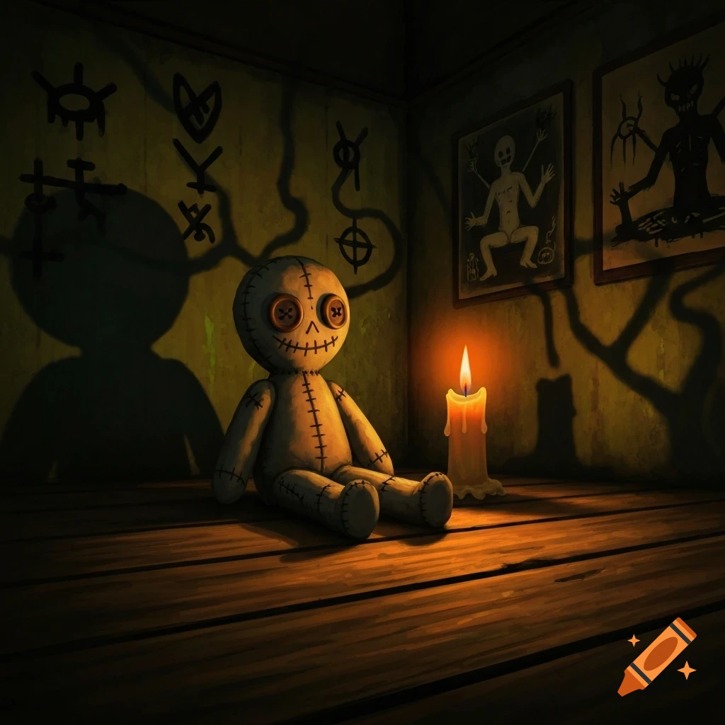 Creepy cartoon voodoo doll on a wooden floor, lit by a candle in a dark room with occult symbols and eerie artwork on the walls.