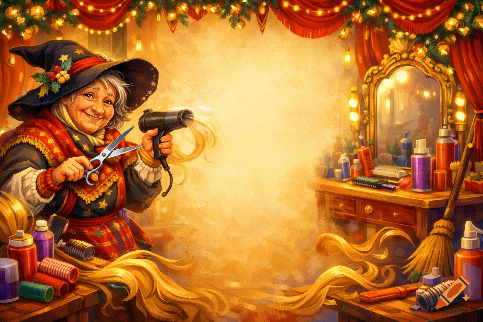 A cheerful cartoon witch with a pointed hat and festive clothing holds scissors and a hairdryer in a decorated hair salon with long golden hair.