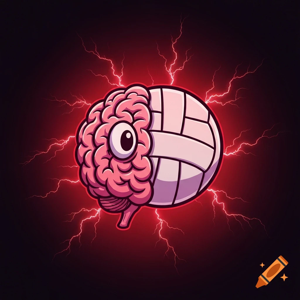 Cartoon brain fused with a volleyball, surrounded by red lightning on a dark background.