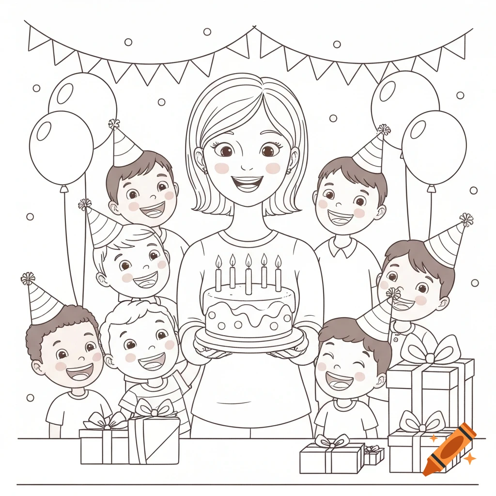 A coloring book drawing of a smiling mother holding a birthday cake, surrounded by six joyful boys in party hats, with gifts, balloons, and garlands.