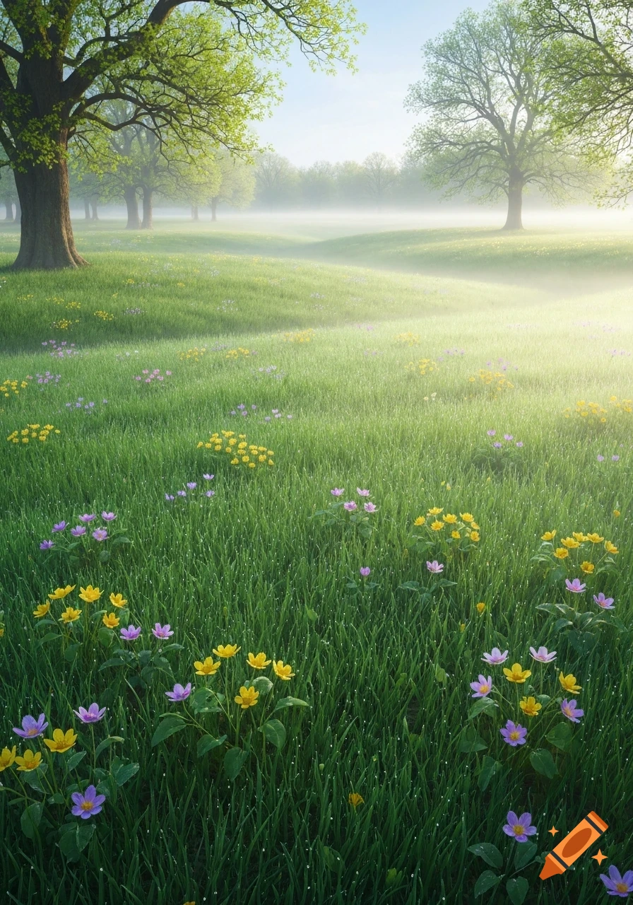 A vibrant spring meadow with green grass, yellow and purple wildflowers, and large trees in the misty background under a bright sky.