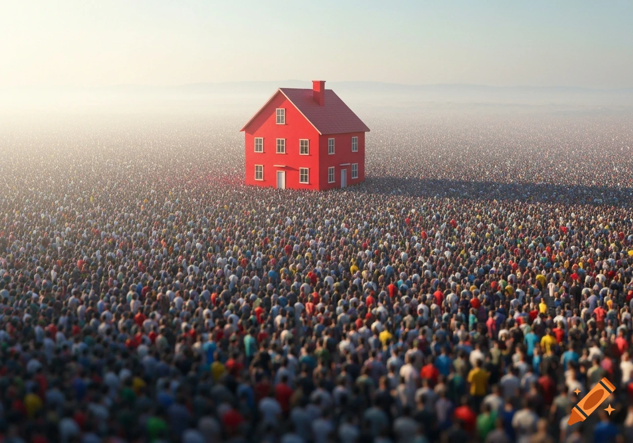 A lone red house in the center of an enormous, dense crowd of people under a hazy sky.