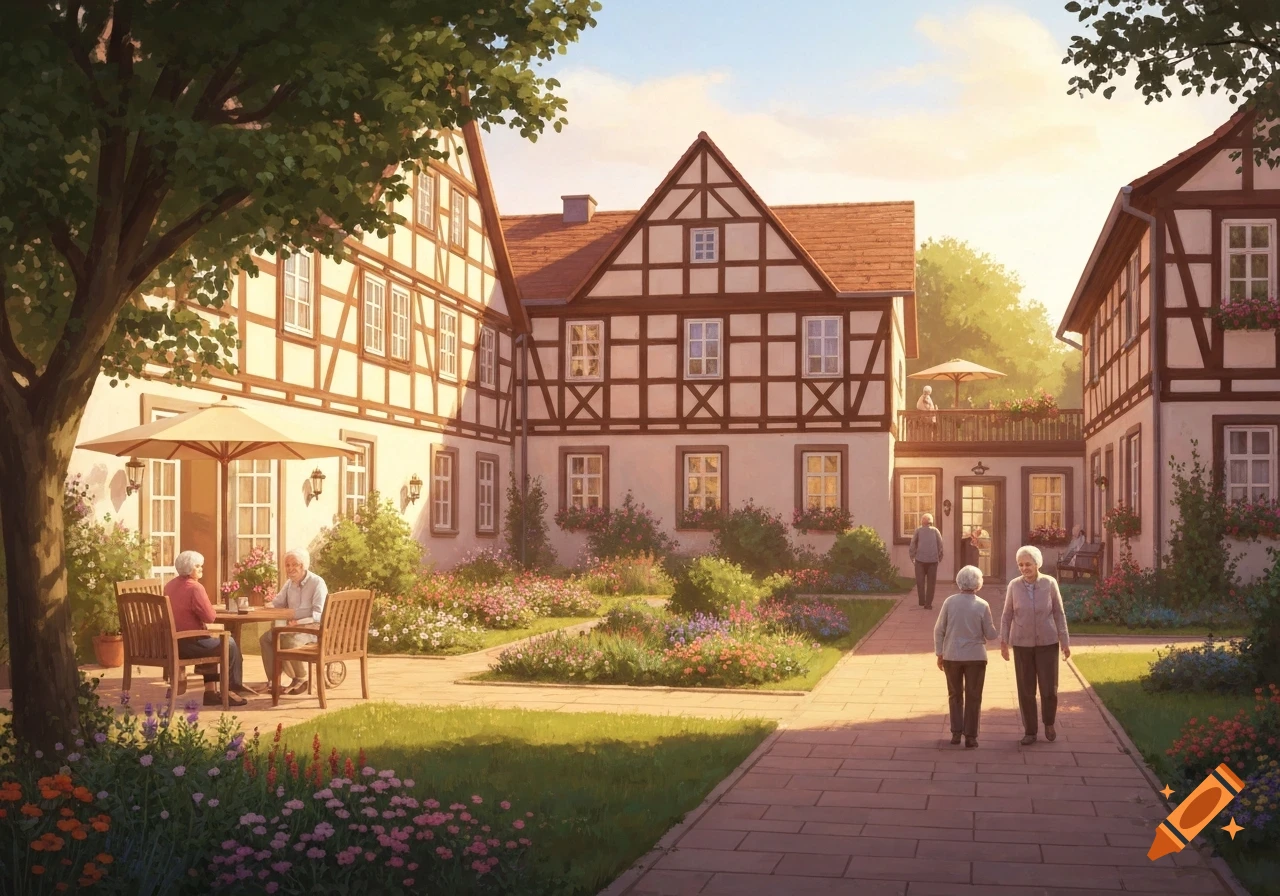 Elderly people enjoy a sunny day in the lush garden courtyard of traditional half-timbered buildings, some sitting at a table, others walking.
