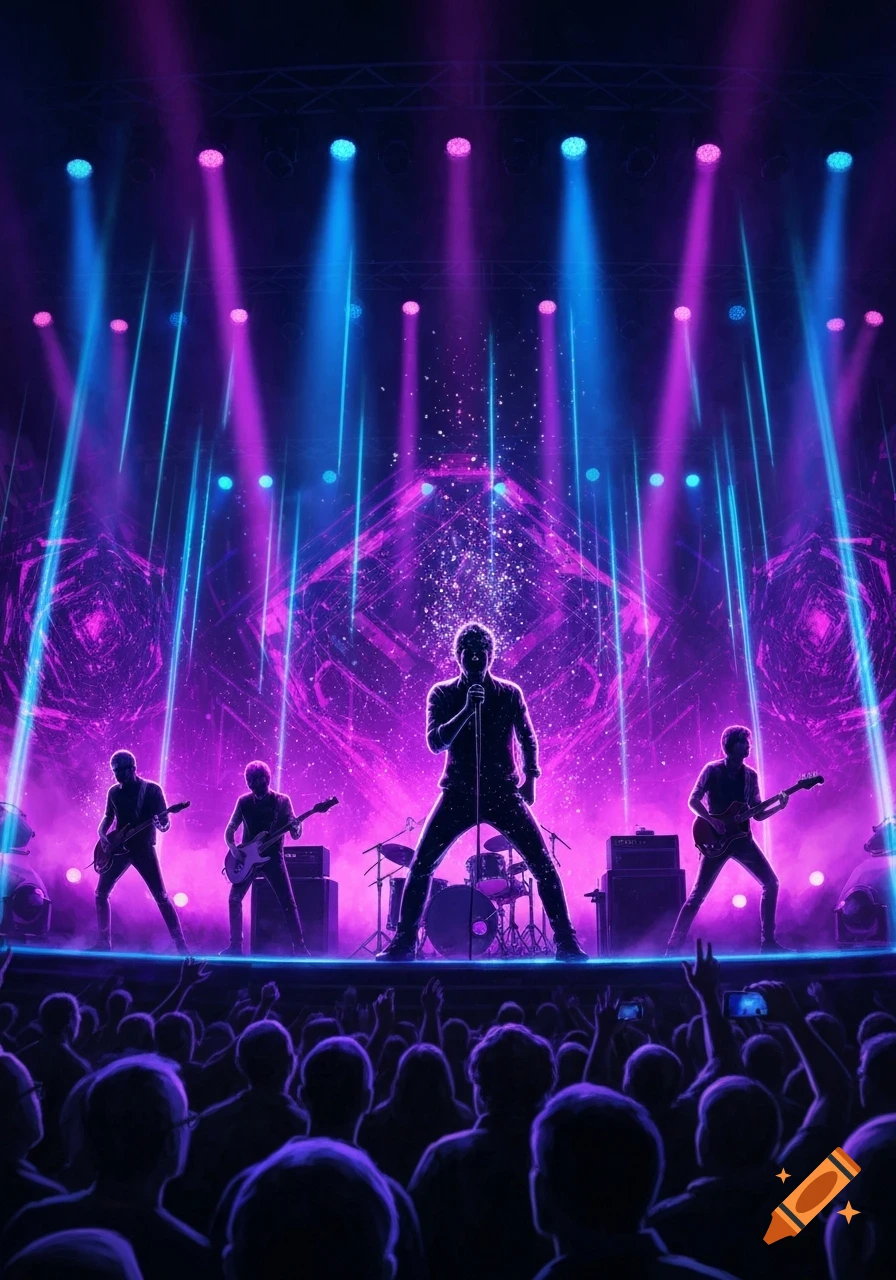 A silhouetted band performs on a stage under vibrant blue and purple spotlights with a crowd watching.