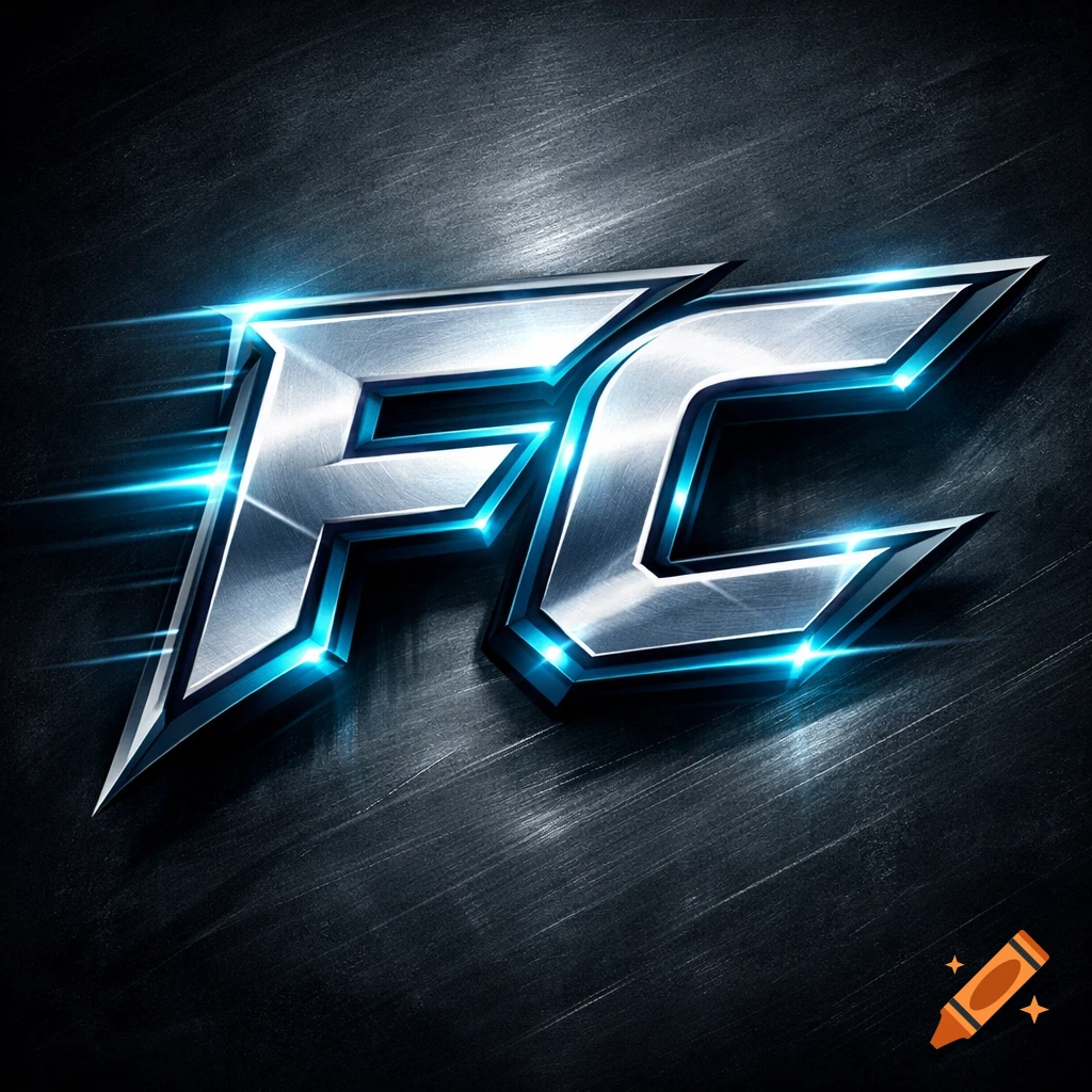 Stylized metallic letters FC with glowing blue edges on a dark brushed metal background.