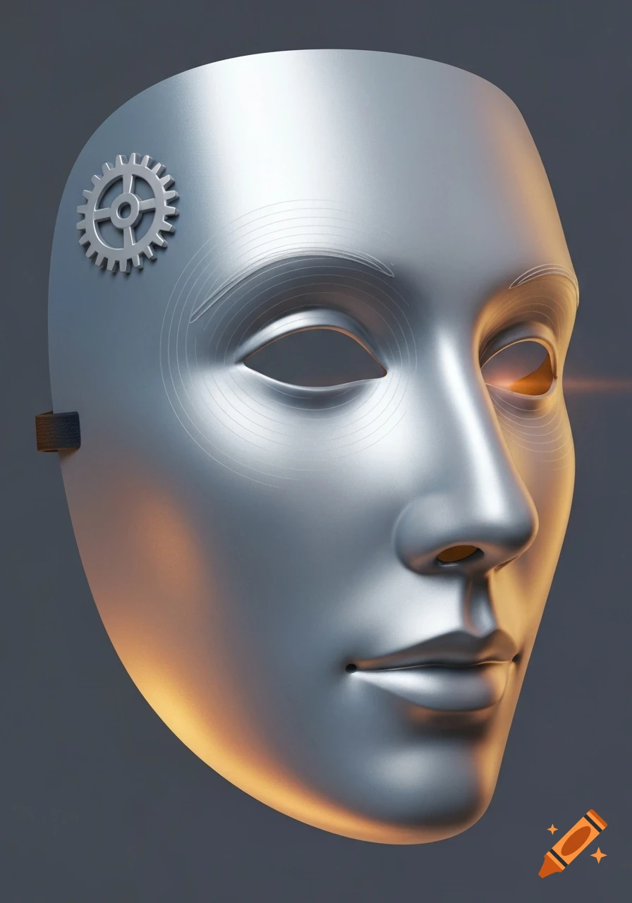A photorealistic silver mask with a gear on the temple, etched lines around the eyes, and a warm glow from within.