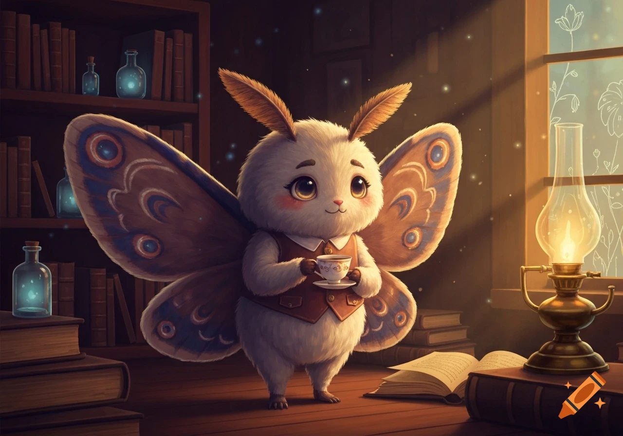 A whimsical illustration of a fluffy, anthropomorphic moth holding a teacup in a cozy library with glowing bottles and an open book.