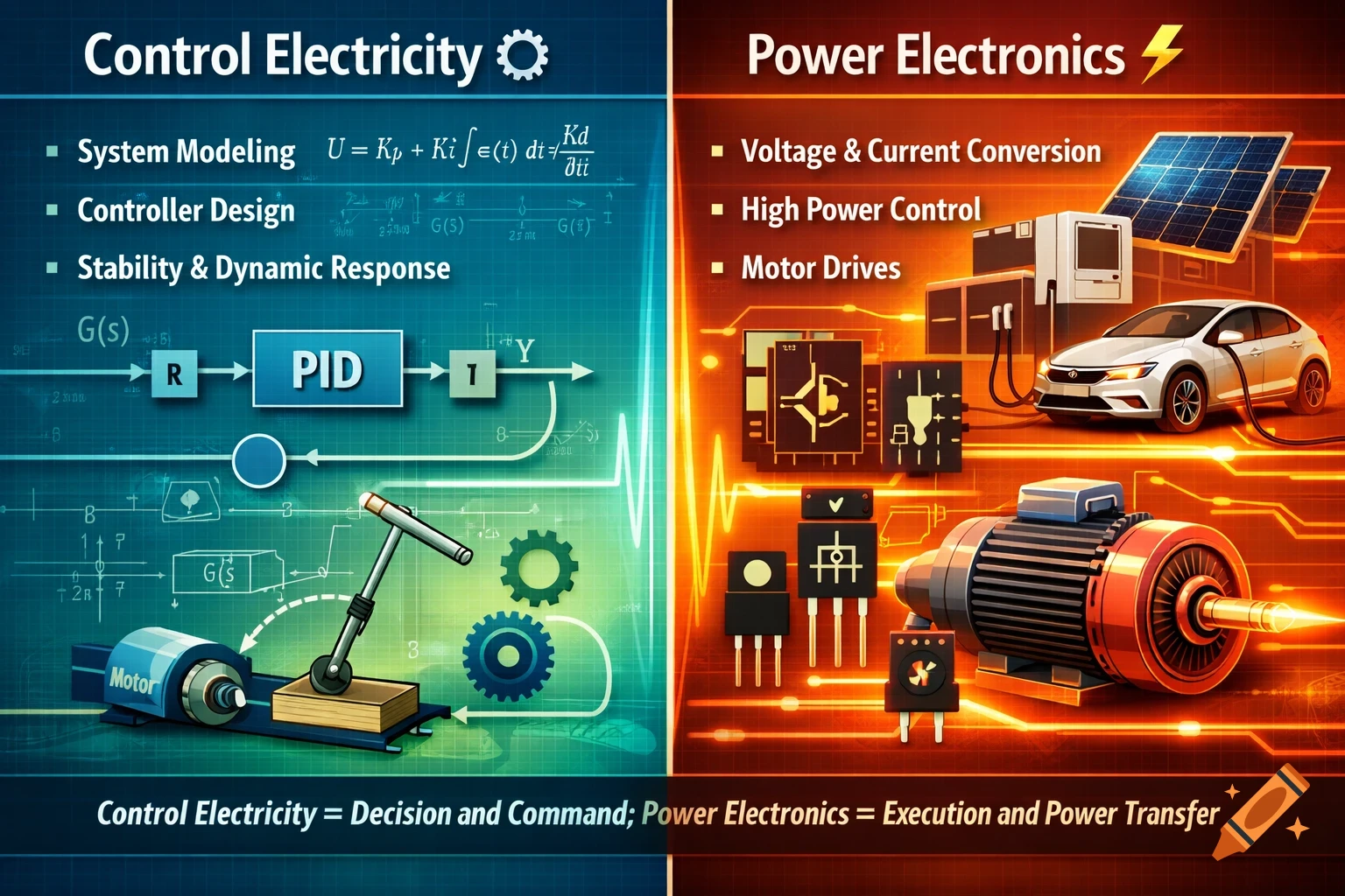 A split image contrasting Control Electricity (blue-green) with diagrams, equations, and a motor, and Power Electronics (orange-red) with solar panels, an electric car, and power components.