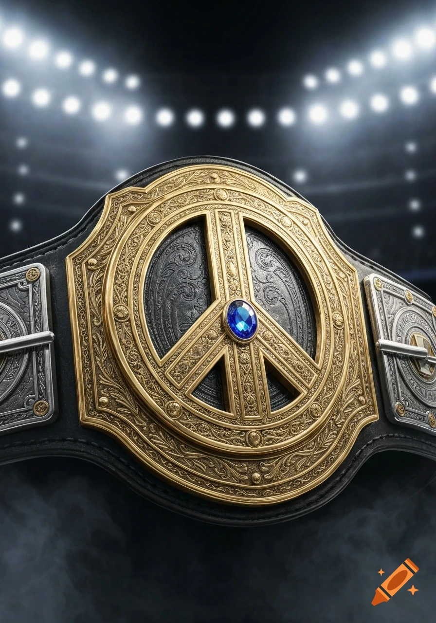 A professional wrestling champion belt features a prominent gold peace sign at its center, set against a blurred background of stadium lights.