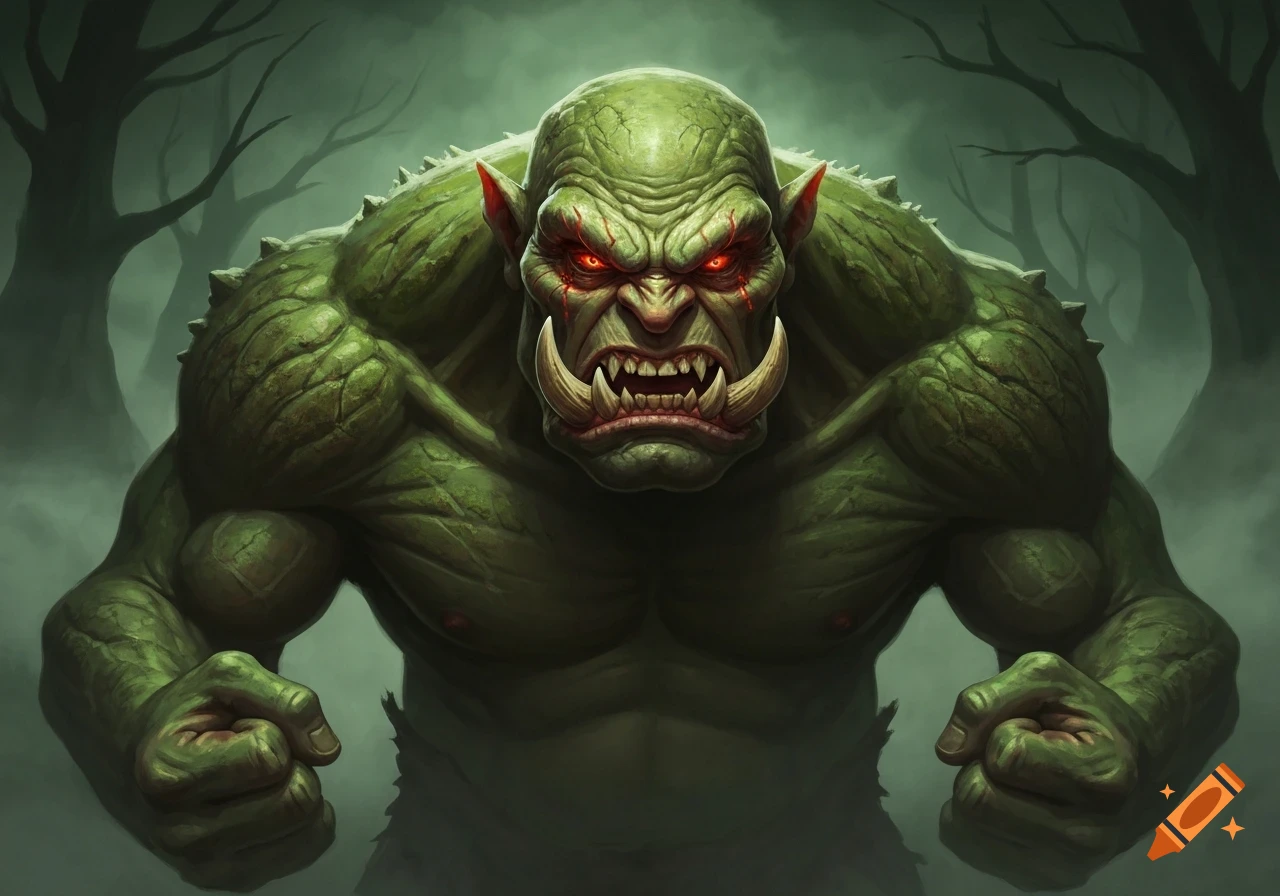 An angry, muscular green ogre with red eyes and tusks clenches its fists in a dark, misty forest.